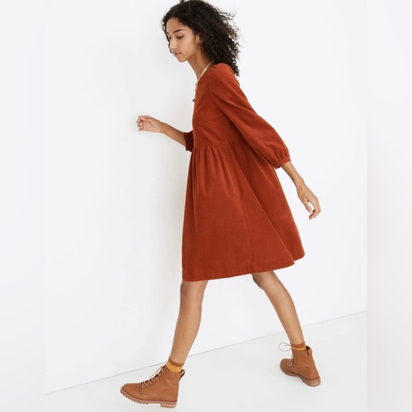 Madewell // Corduroy Puff-Sleeve Mini Dress in Faded Rust - Picture 2 of 9
